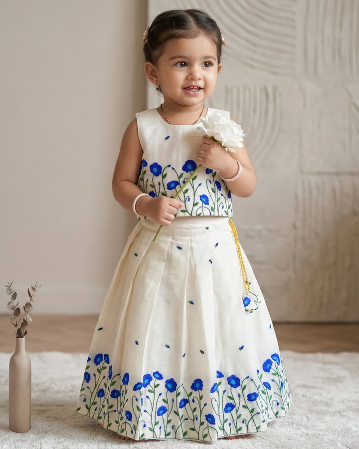 Cream blue floral embroidery Onam lehenga choli for baby girl – Stanwells Kids