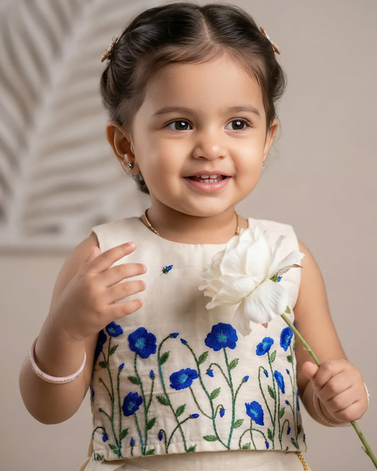 Cream blue floral lehenga choli front view – Stanwells Kids