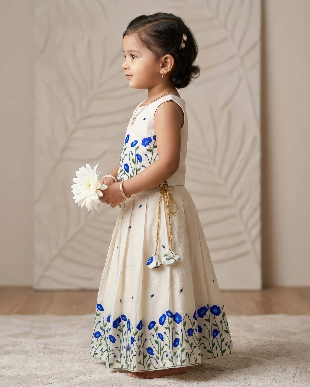 Cream blue Onam lehenga choli side view – Stanwells Kids