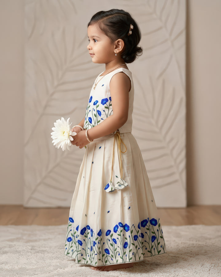 Cream blue Onam lehenga choli side view – Stanwells Kids