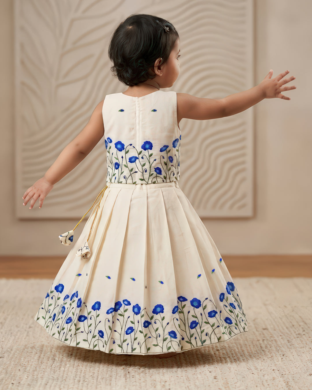 Cream blue floral embroidery lehenga choli back view – Stanwells Kids