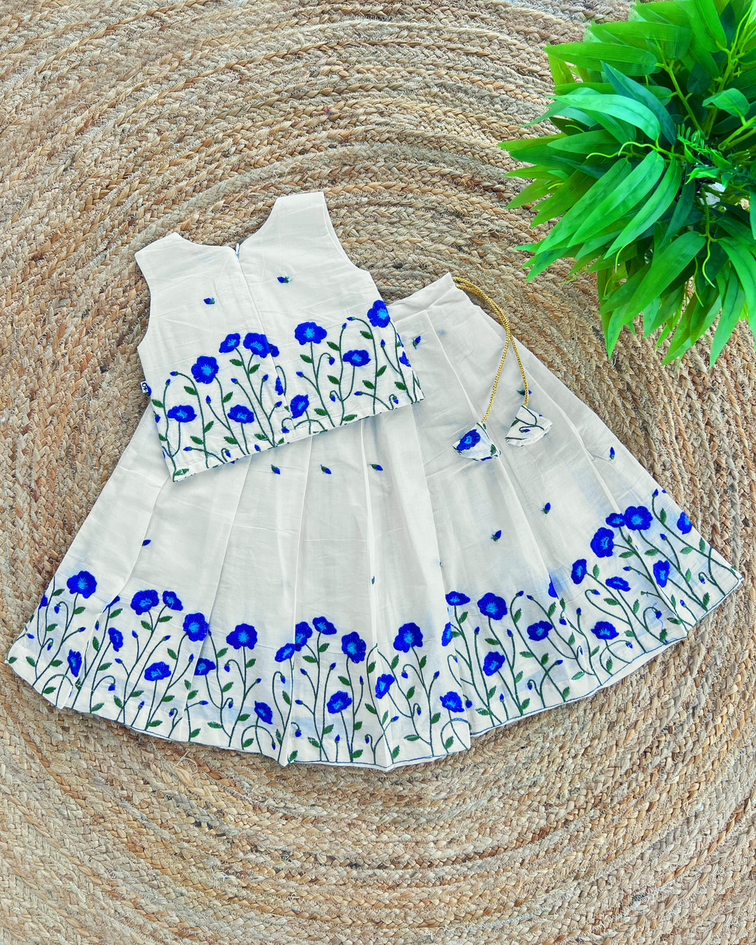 Baby girls cream blue birthday dress cotton lehenga choli with floral embroidery