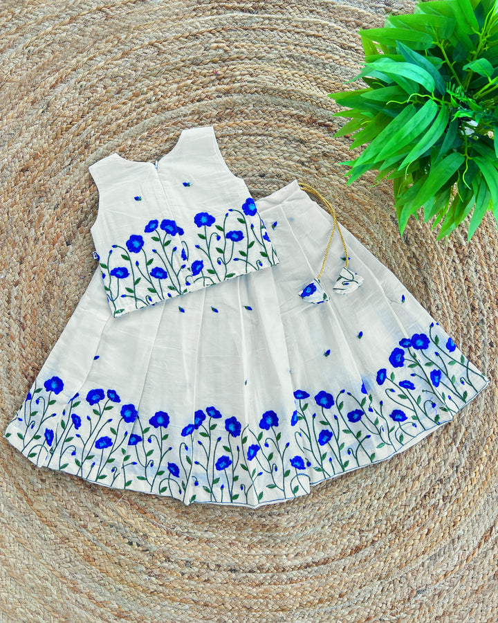 Baby girls cream blue birthday dress cotton lehenga choli with floral embroidery