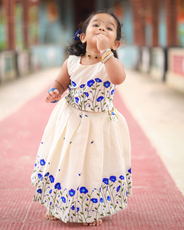 Cream & Blue Shade Floral Embroidery Onam Special Cotton Lehenga Choli