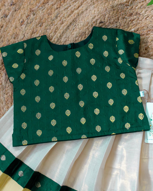 Bottle green Butti silk blouse with cream Kerala tissue lehenga skirt – Stanwells Kids