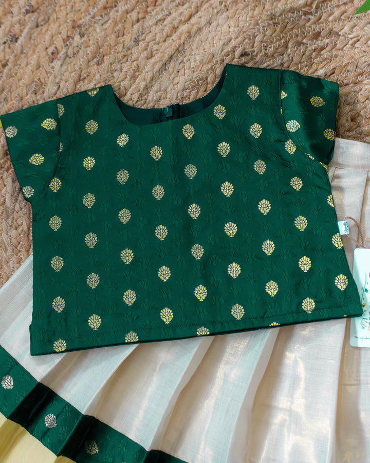 Bottle green Butti silk blouse with cream Kerala tissue lehenga skirt – Stanwells Kids