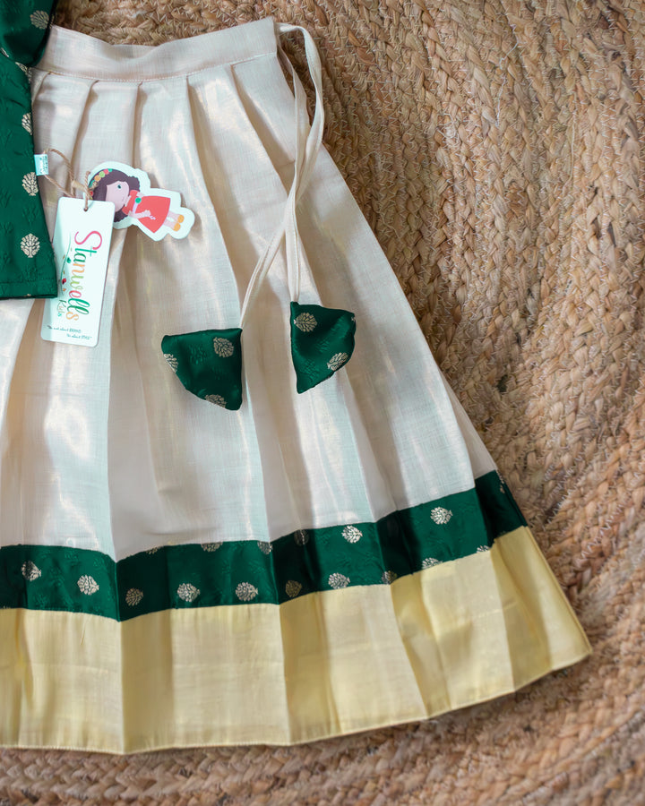 Cream bottle green Butti Kerala lehenga choli full look for baby girl – Stanwells Kids