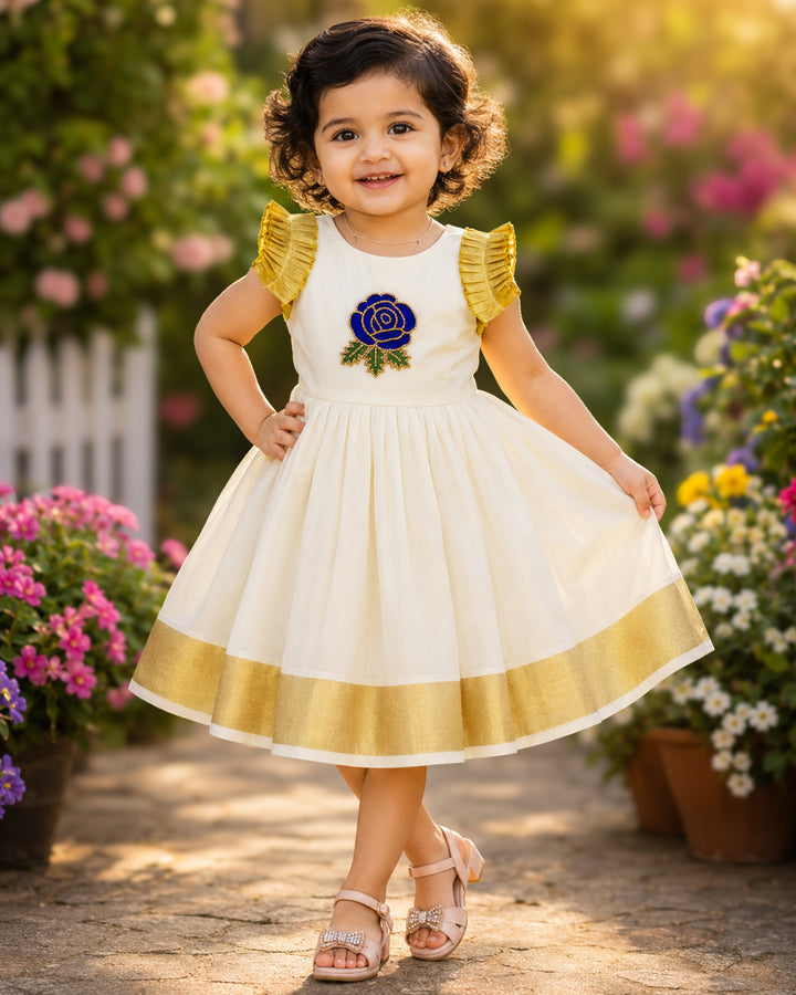 Cream floral handwork Kerala premium Kasavu frock for baby girl – front view, Stanwells Kids