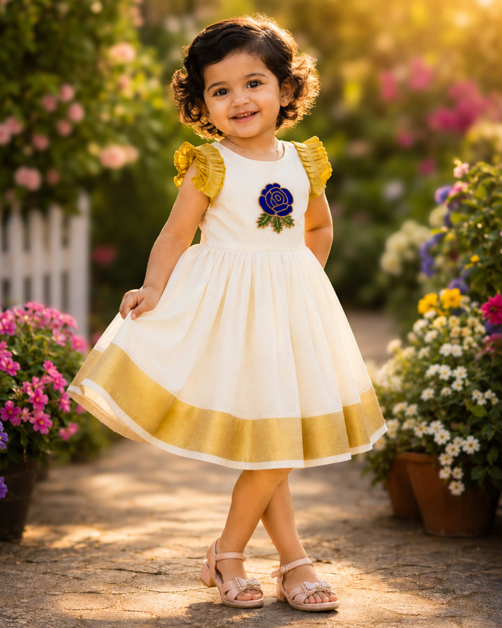 Cream floral handwork Kerala premium Kasavu frock for baby girl – front view, Stanwells Kids