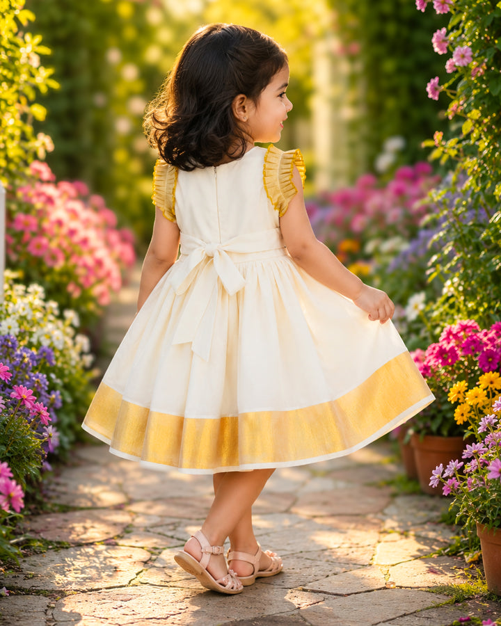 Cream Kerala premium Kasavu frock full look for baby girl – Stanwells Kids