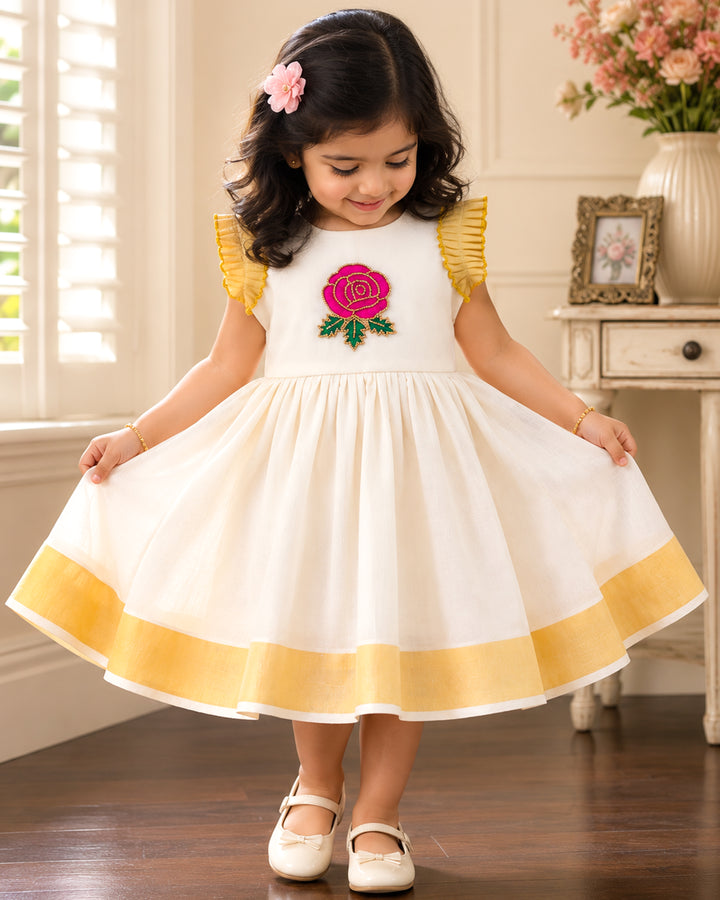Cream floral handwork Kerala traditional handloom Kasavu frock for baby girl – front view, Stanwells Kids