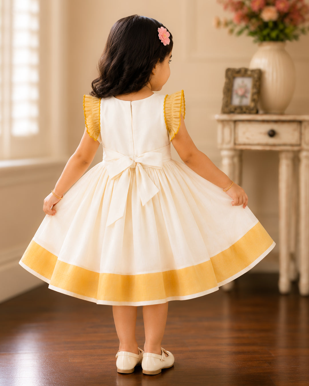Cream Kerala handloom Kasavu frock full look for baby girl – Stanwells Kids