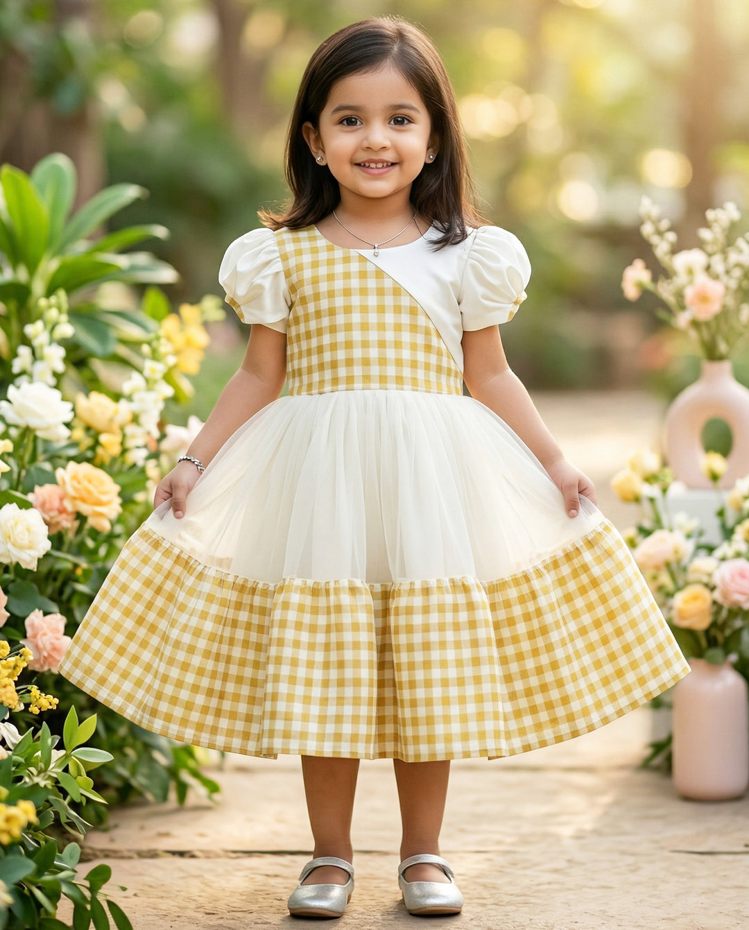 Cream gold check Kerala frock front view – Stanwells Kids
