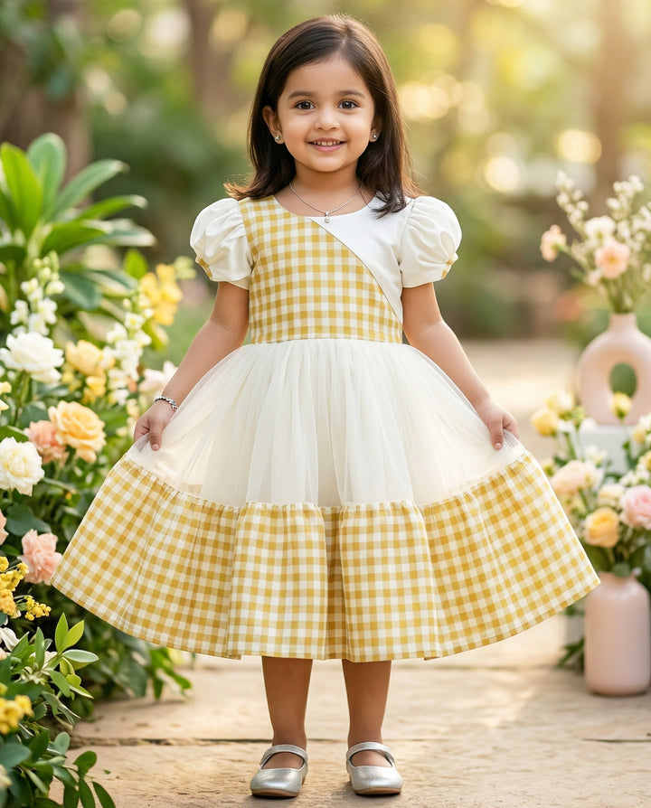 Cream gold check Kerala frock front view – Stanwells Kids