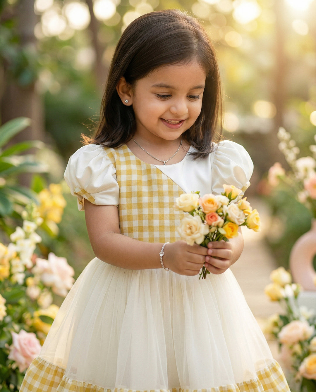 Cream gold tissue silk check frock side view – Stanwells Kids