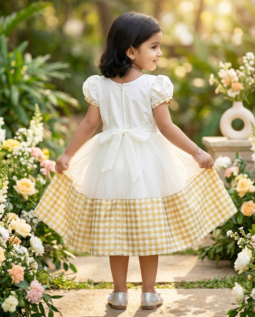Stanwells Kids cream gold check Kerala tissue silk frock brand view
