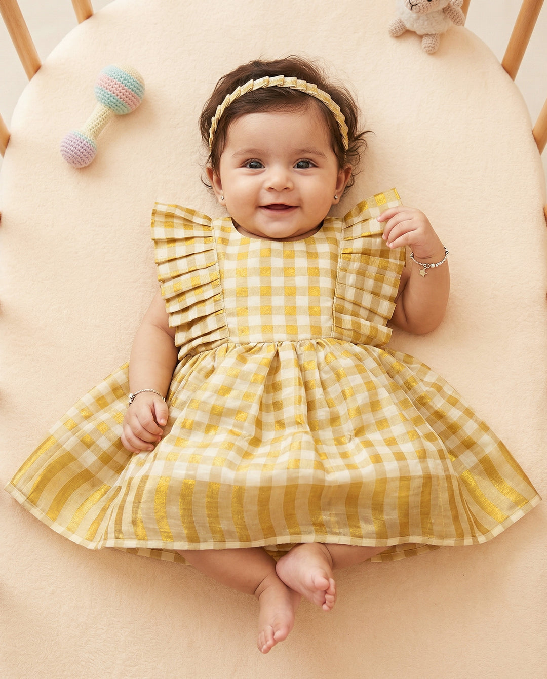 Cream Gold Kerala Check Frill Frock Baby Girl Birthday Dress – Stanwells  Kids
