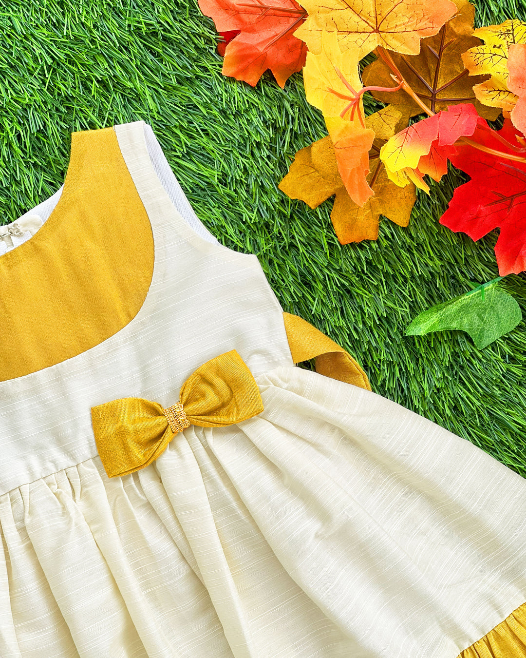 Cream gold Kerala traditional ruffle bow frock – baby girls birthday dress