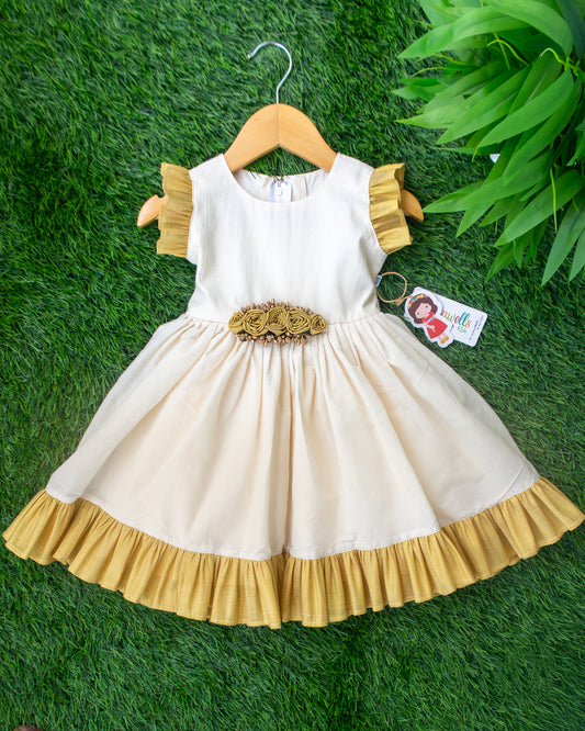 Cream and gold tissue Kerala handloom flower frock for baby girl – front view, Stanwells Kids