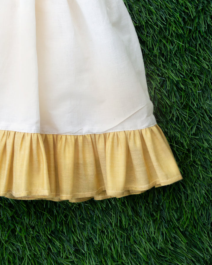 Sleeveless cream gold tissue Kerala Onam frock full look for girls – Stanwells Kids