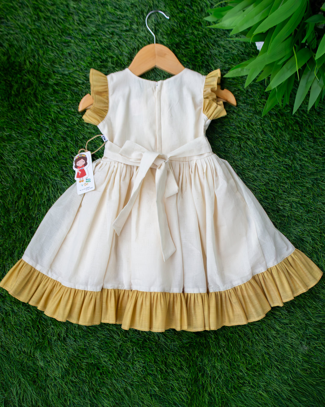 Traditional cream gold Kerala handloom flower frock for baby girl 3 months to 7 years – Stanwells Kids