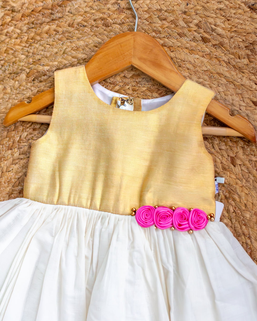 Golden accents on cream Kerala handloom Onam frock for girls – Stanwells Kids