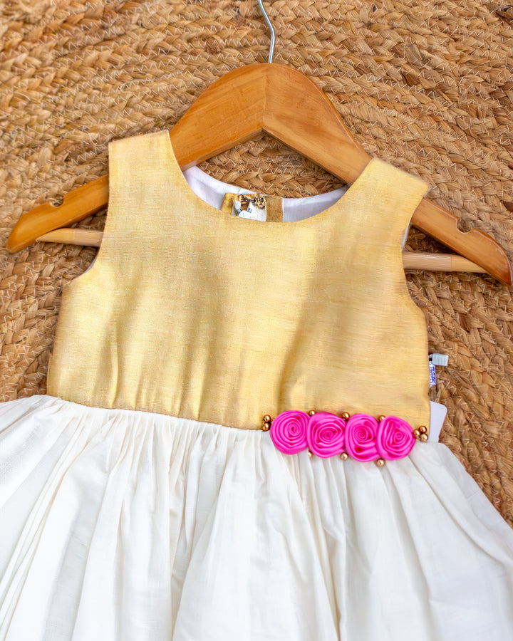 Golden accents on cream Kerala handloom Onam frock for girls – Stanwells Kids