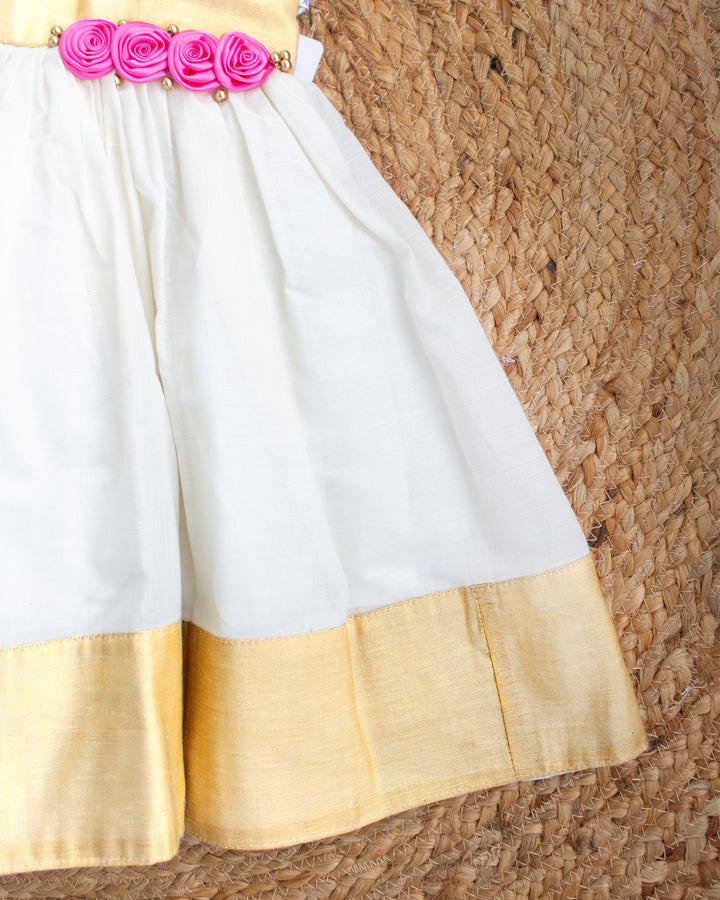Classic Kerala traditional silhouette cream gold Onam ethnic frock – Stanwells Kids