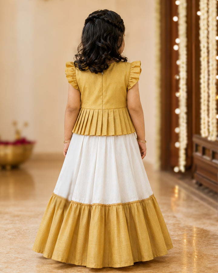 Traditional cream gold Kerala Onam lehenga choli for baby girl 3 months to 7 years – Stanwells Kids