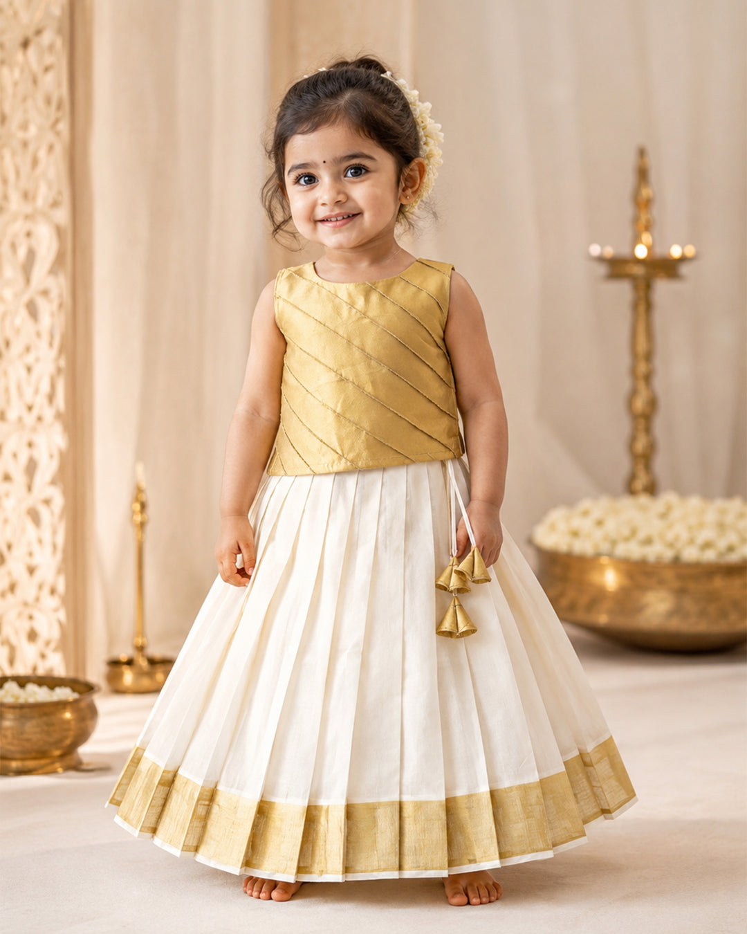 Cream gold Kerala tissue lehenga choli full view – Stanwells Kids