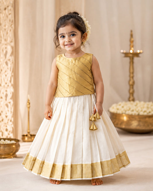 Cream gold Kerala tissue lehenga choli full view – Stanwells Kids
