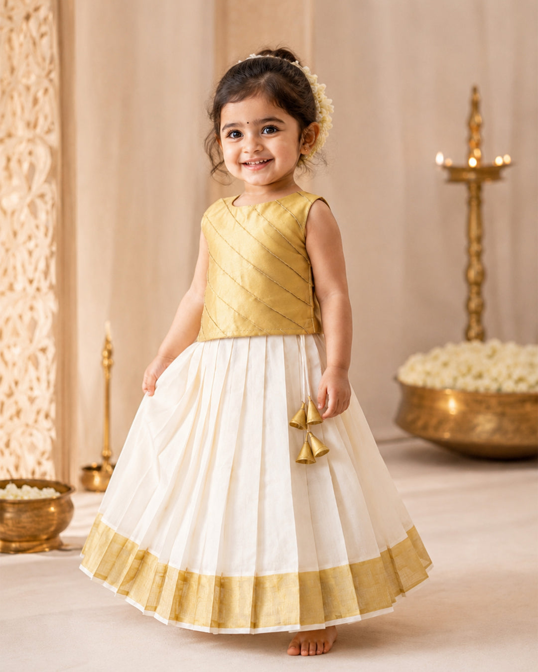 Cream gold Kerala tissue lehenga choli full view – Stanwells Kids
