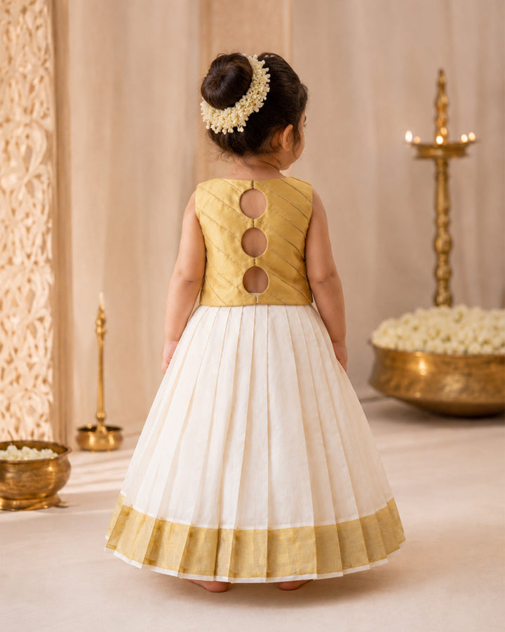 Cream gold Kerala tissue lehenga choli full view – Stanwells Kids