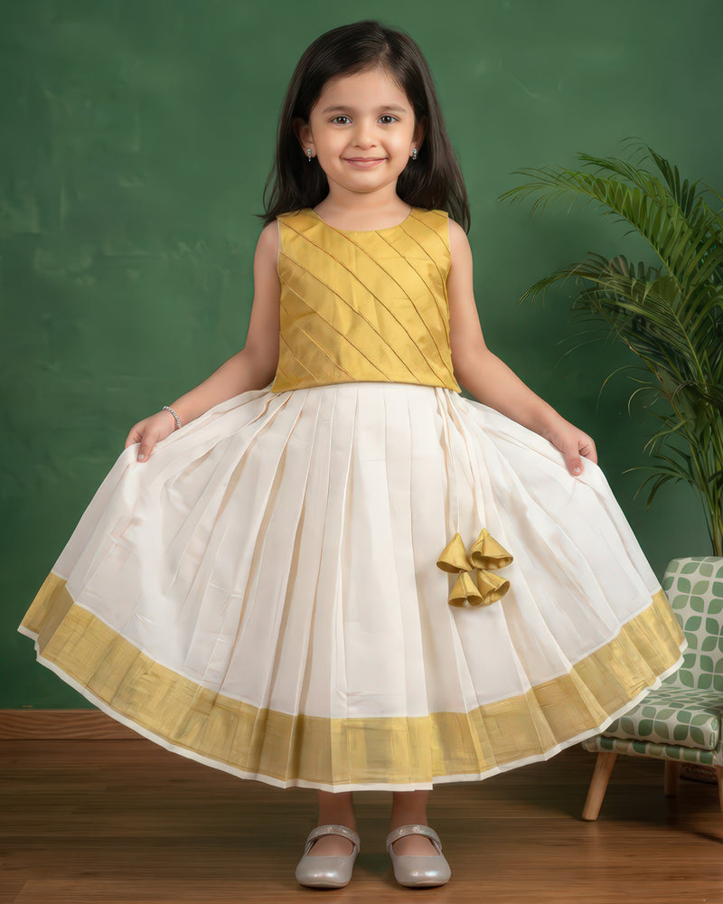 Cream Gold Kerala Tissue Lehenga – Elegant Traditional Ethnic Outfit for Kids