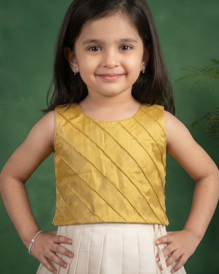 Cream gold Kerala tissue lehenga choli front view – Stanwells Kids