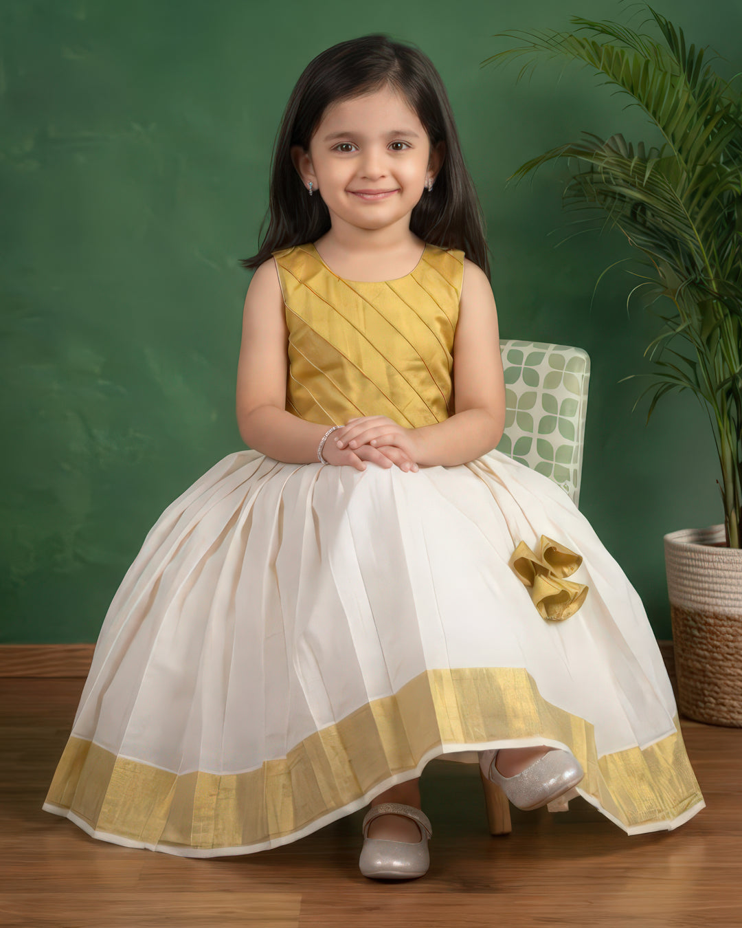 Cream gold Kerala tissue lehenga choli side view – Stanwells Kids