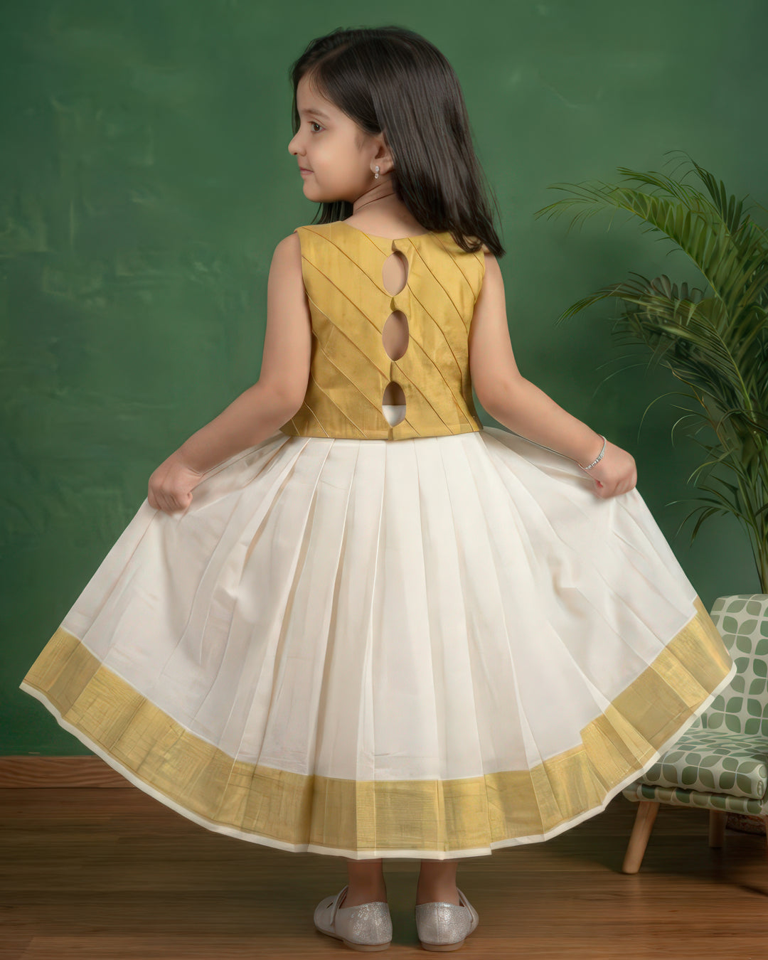 Cream gold Kerala tissue lehenga choli back view – Stanwells Kids