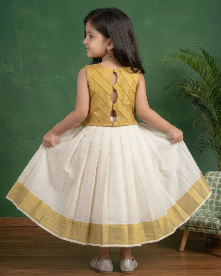 Cream gold Kerala tissue lehenga choli back view – Stanwells Kids