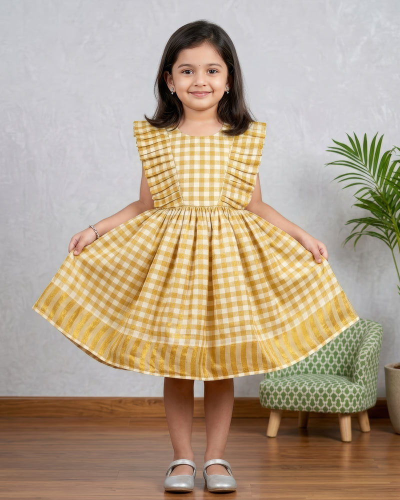 Cream & Gold Kerala Traditional Check Frill Frock