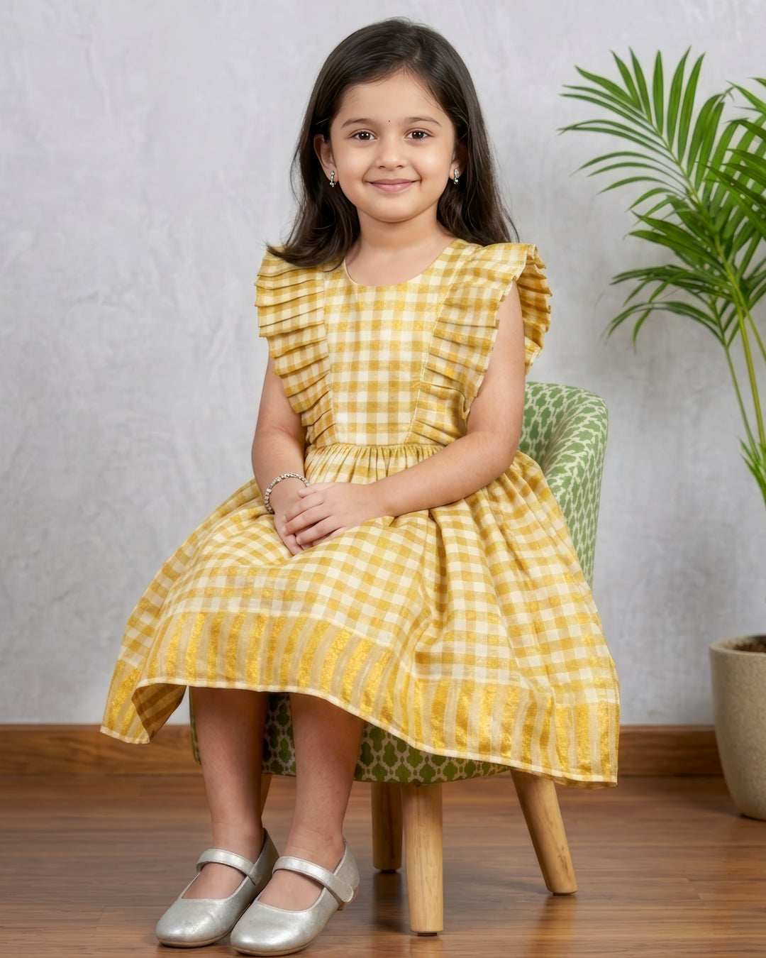 Cream gold Kerala tissue silk check frill frock side view – Stanwells Kids