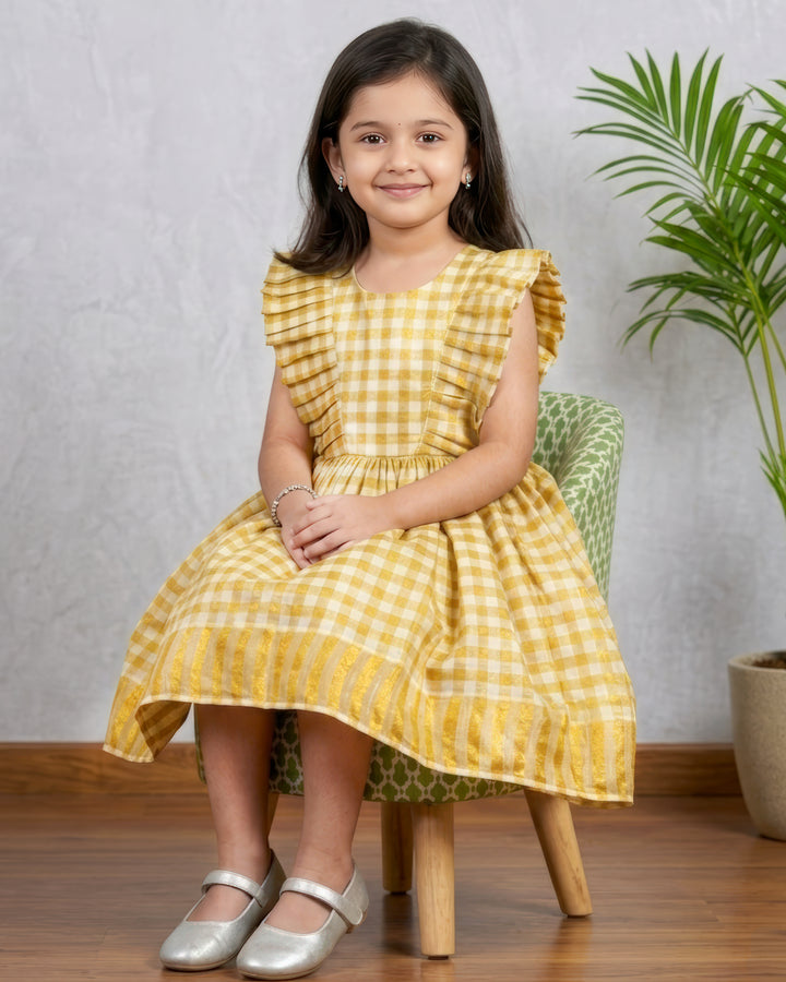 Cream gold Kerala tissue silk check frill frock side view – Stanwells Kids