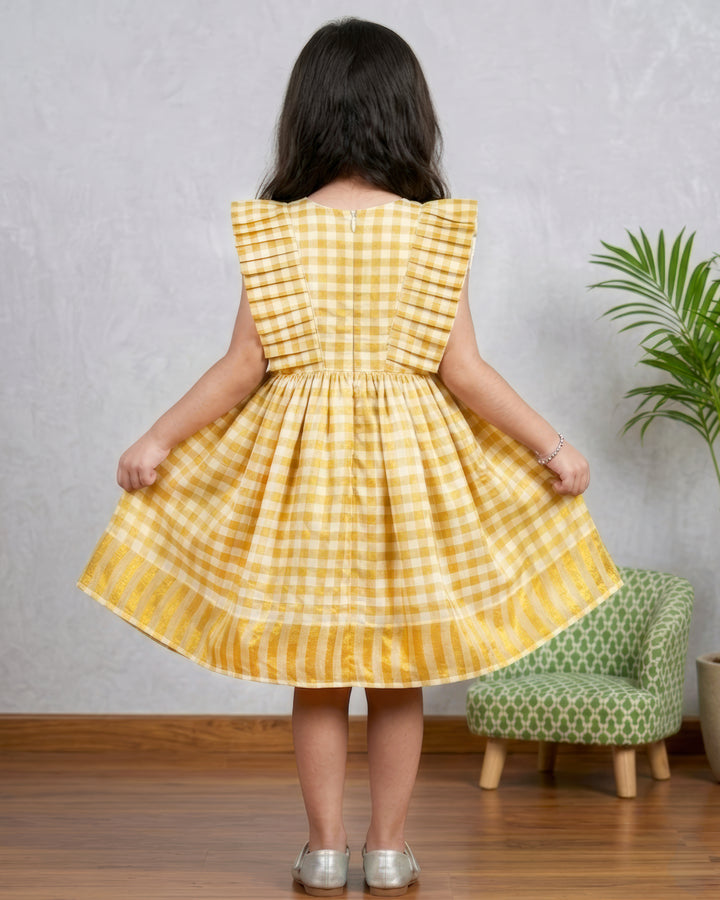 Stanwells Kids cream gold Kerala traditional check frill frock brand view