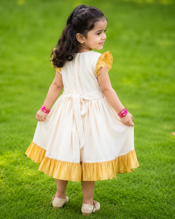 Traditional cream gold Kerala handloom flower frock for baby girl 3 months to 7 years – Stanwells Kids