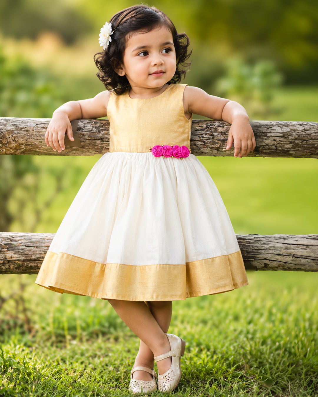 Cream and gold traditional Onam ethnic frock for baby girl – front view, Stanwells Kids