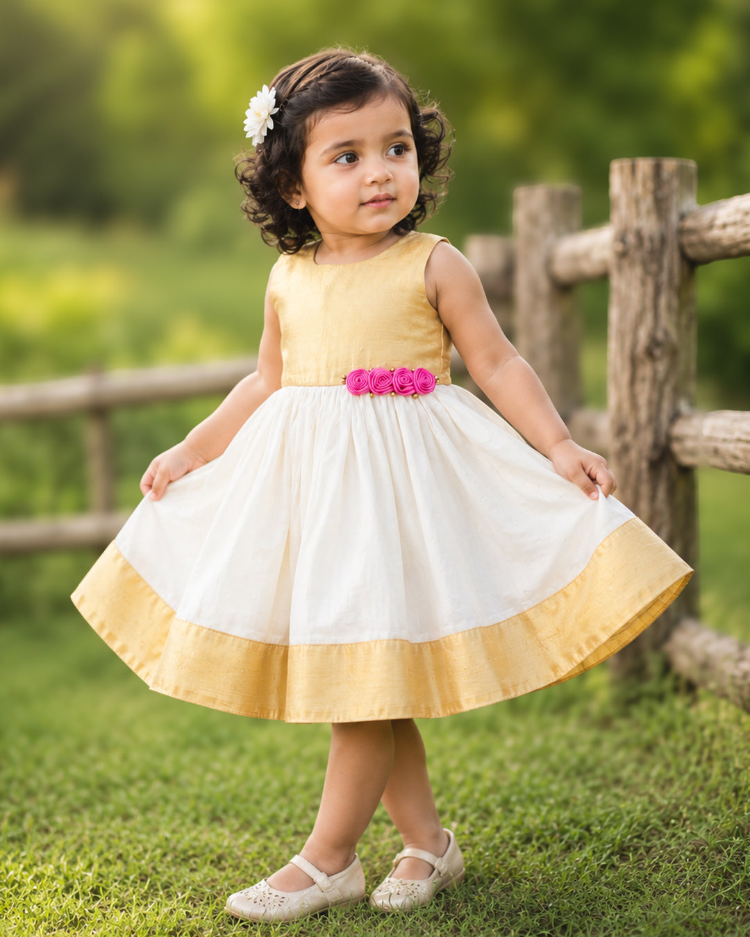 Cream and gold traditional Onam ethnic frock for baby girl – front view, Stanwells Kids