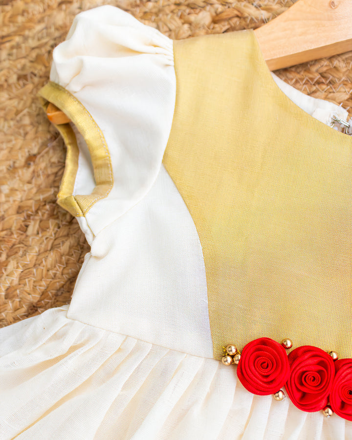 Classic Kerala Onam silhouette cream golden combo traditional frock – Stanwells Kids