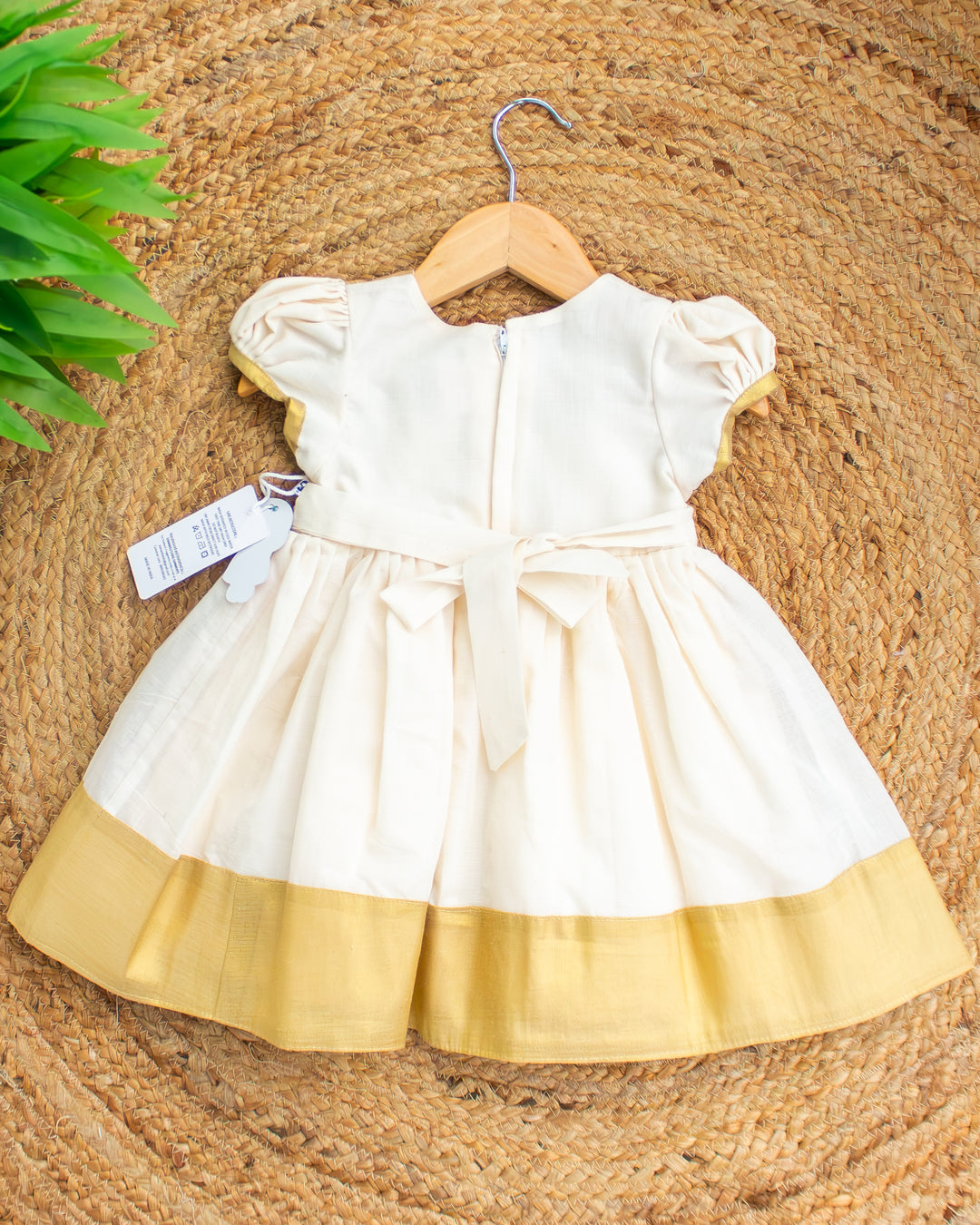 Cream golden Kerala traditional Onam frock full look for baby girl – Stanwells Kids