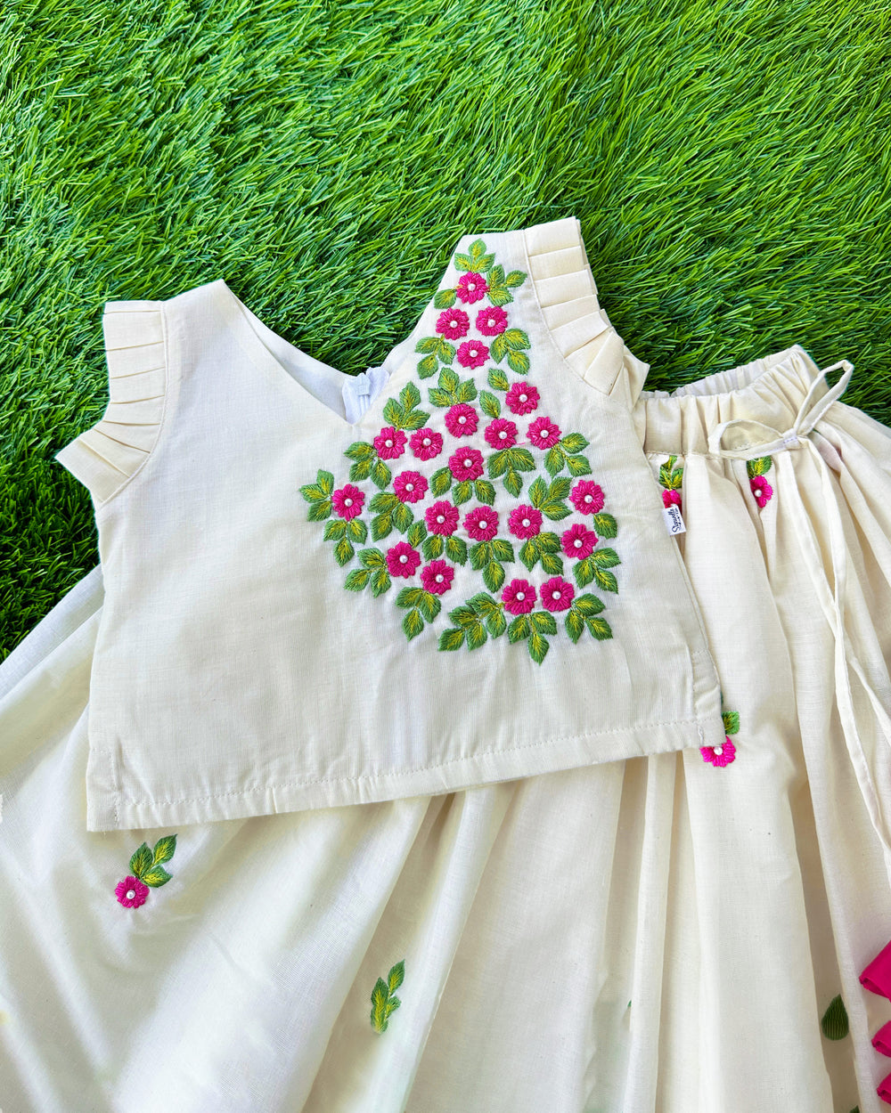 Baby girls birthday dress in cream and gold Kerala Kasavu lehenga choli