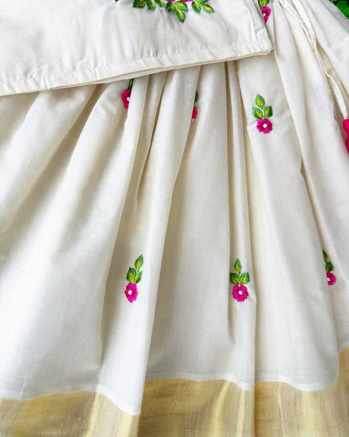 Baby girls birthday dress in cream and gold Kerala Kasavu lehenga choli