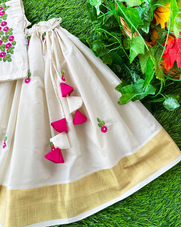 Baby girls birthday dress in cream and gold Kerala Kasavu lehenga choli
